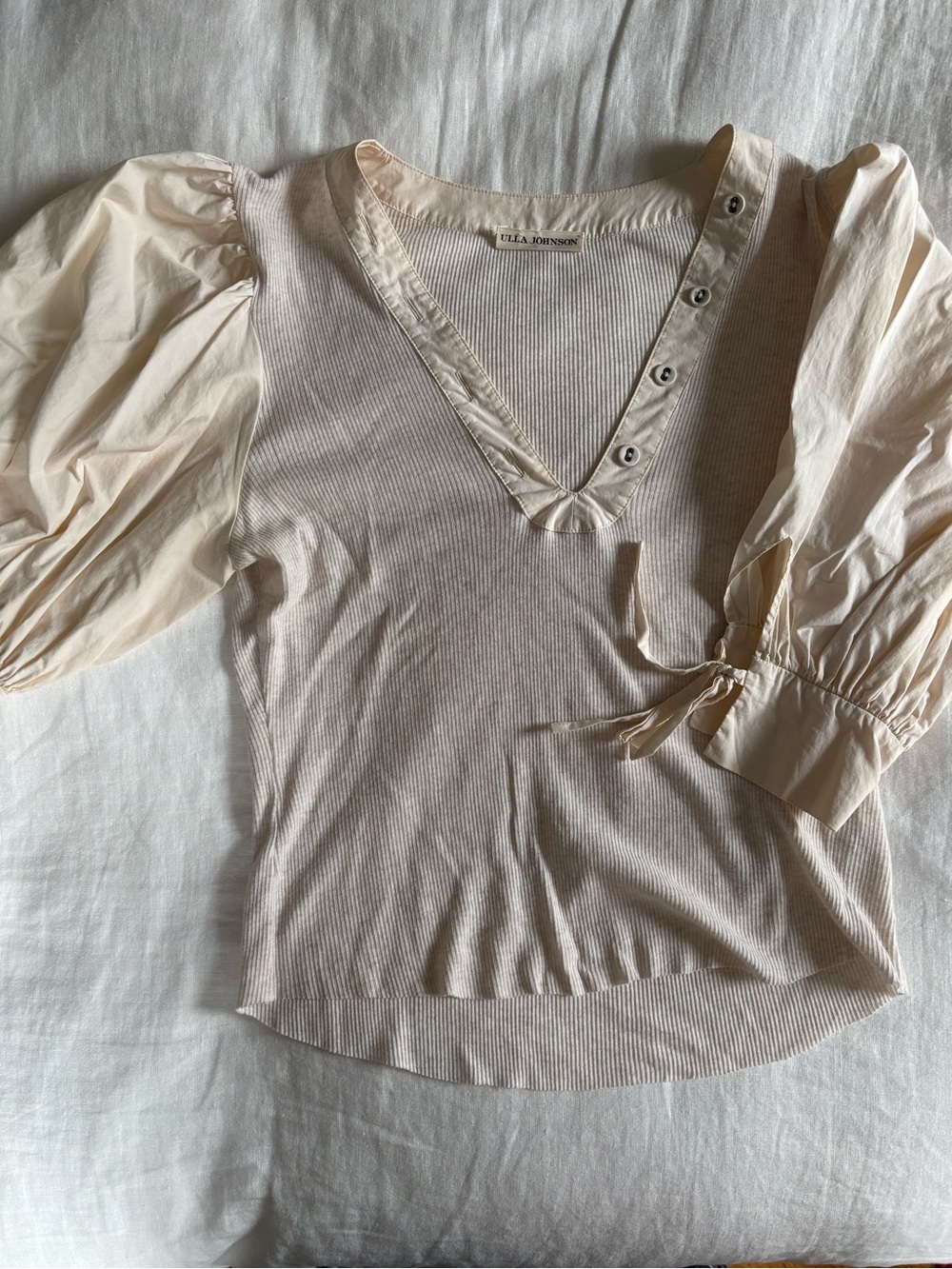 Ulla Johnson Cream Ribbed V-Neck Top with puff Sleeves